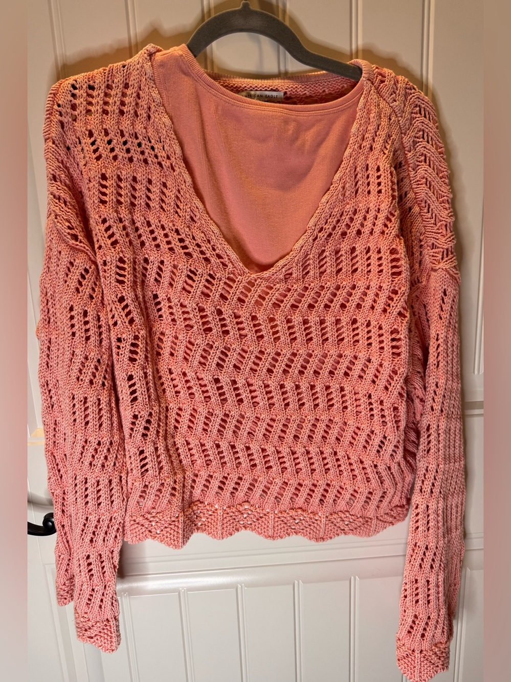 American Eagle Crochet V‑Neck Peach Sweater large
